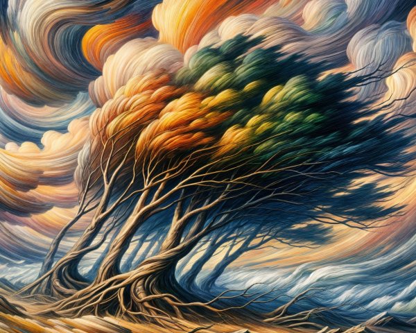 Wind-Swept Trees in Vibrant Colors Against Dramatic Sky