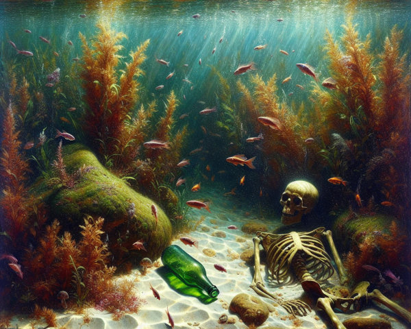 Underwater Scene with Skeleton and Marine Life