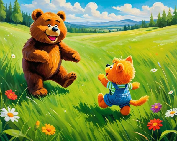 Brown Bear and Cub Dancing in a Colorful Meadow