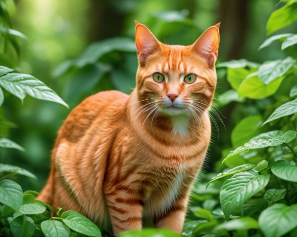 Orange Tabby Cat in Lush Green Foliage Setting