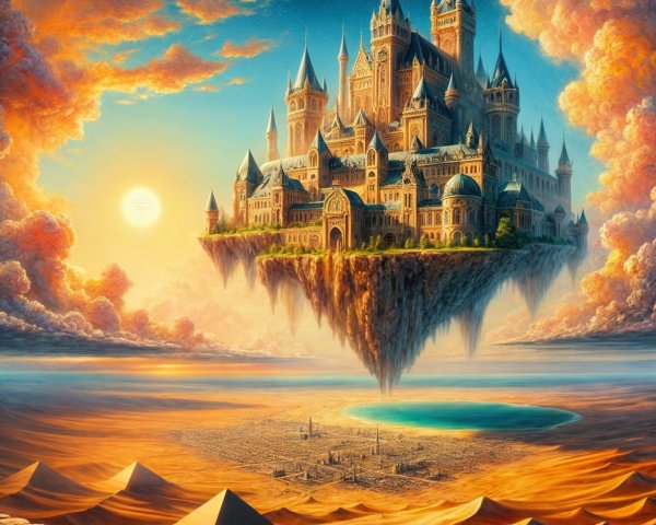 Floating Castle Above Desert with Pyramids and Clouds