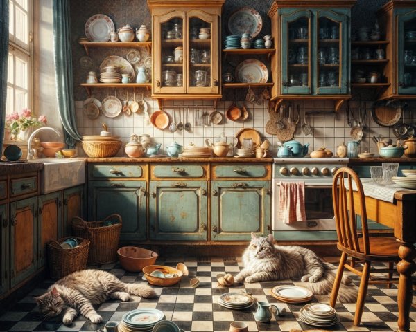 Cozy Vintage Kitchen with Rustic Features and Cats