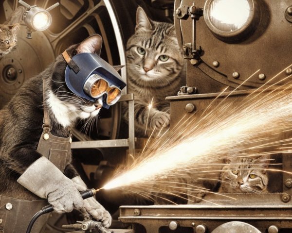 Cats Engaged in Whimsical Welding Project Scene