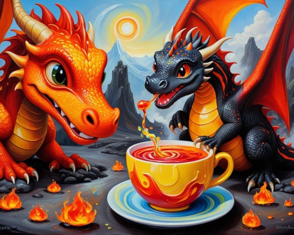 Dragons in a Colorful Fantasy Landscape with Flames