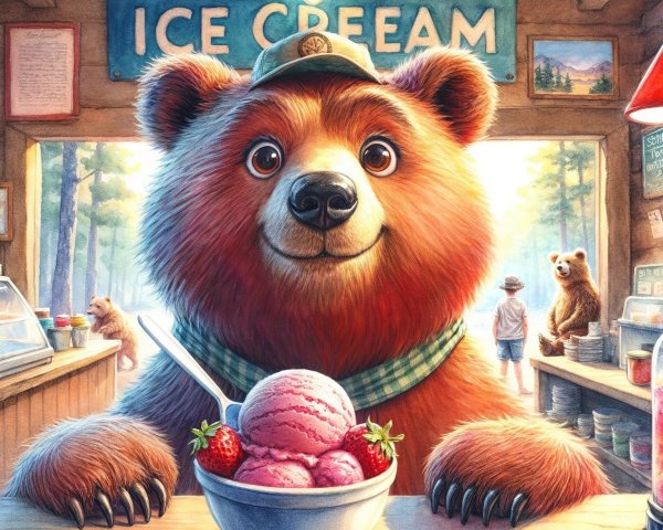 Charming Bear in Ice Cream Shop with Whimsical Atmosphere
