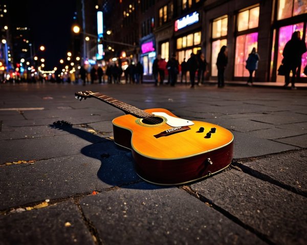 Acoustic Guitar on Cobblestone Street at Night