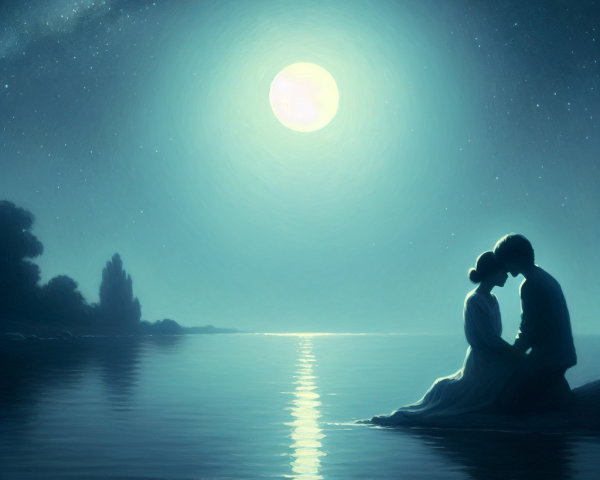 Moonlit Scene of a Couple by Tranquil Water