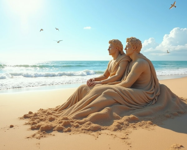 Sand Sculpture of Two Classical Figures on Beach