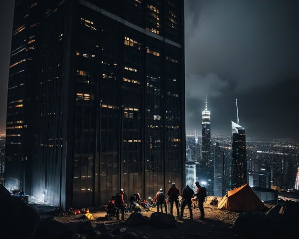 Climbers on a Rocky Ledge by a Skyscraper at Night
