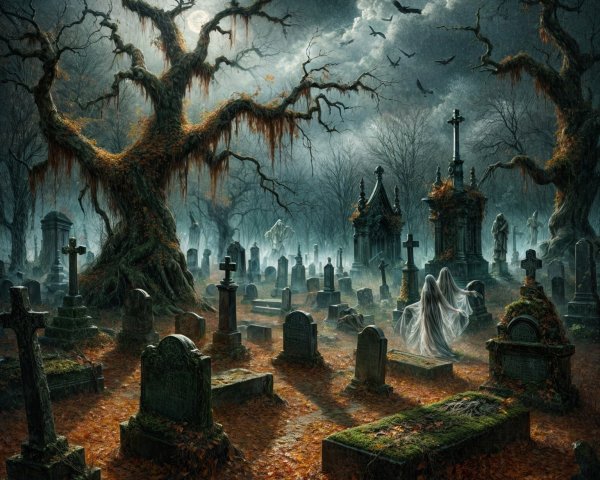 Haunted Graveyard with Twisted Trees and Spectral Figure