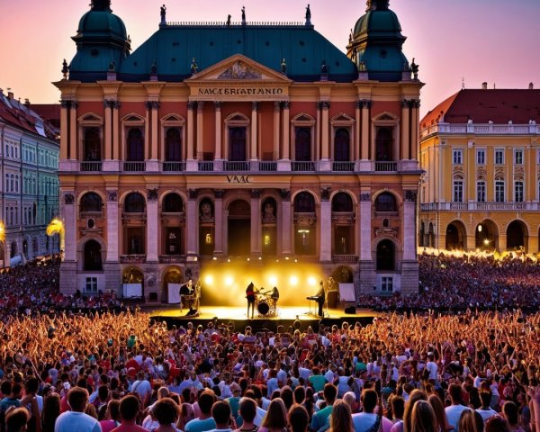 Twilight Outdoor Concert Scene with Historic Building
