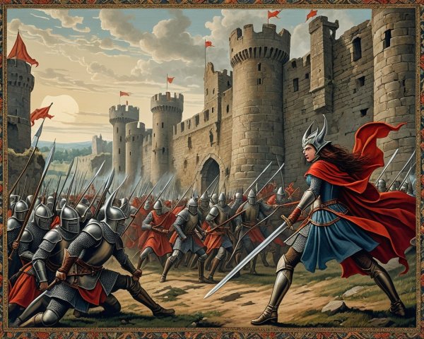 Medieval Battle Scene Outside a Grand Stone Castle