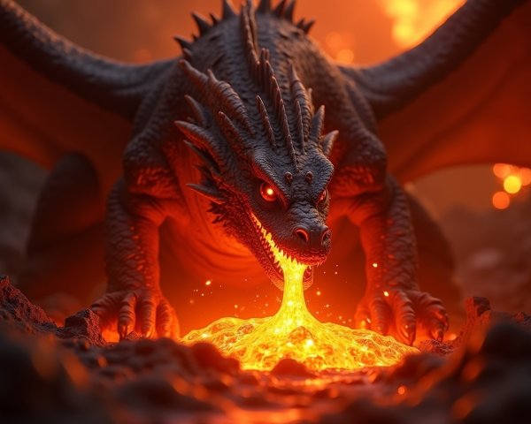 Majestic dragon in a volcanic landscape with lava