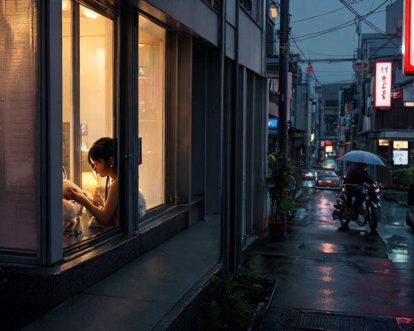 Quiet Rainy Evening in a City Street Scene