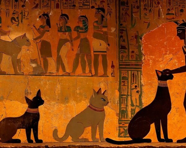 Ancient Egyptian Mural with Cats and Hieroglyphics