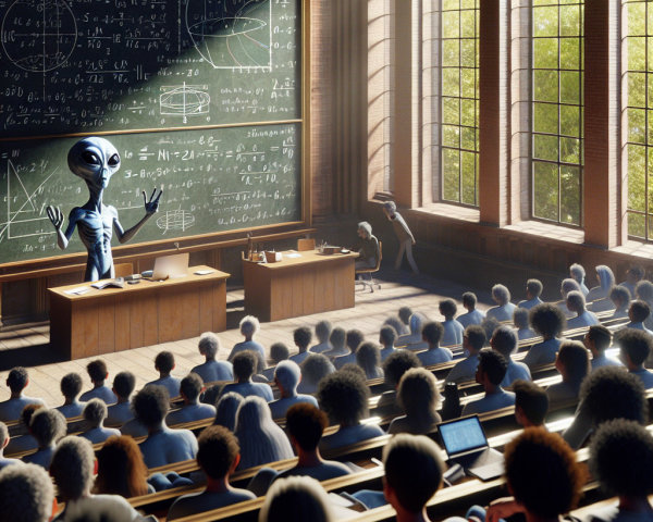 Alien Instructor in Lecture Hall with Students