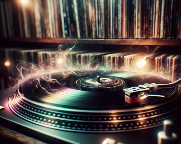 Vintage Turntable Surrounded by Vinyl Records and Lights