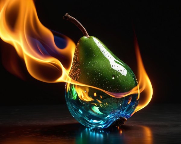 Glass Pear Surrounded by Bright Swirling Flames
