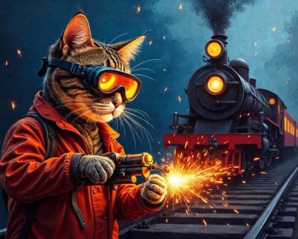 Feline Adventurer on Train Tracks with Toy Gun