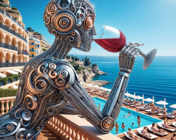 Futuristic Humanoid Robot on Luxurious Terrace Scene
