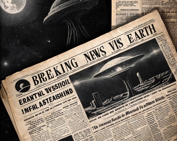 Vintage Newspaper Front Page with UFO and Earth Theme