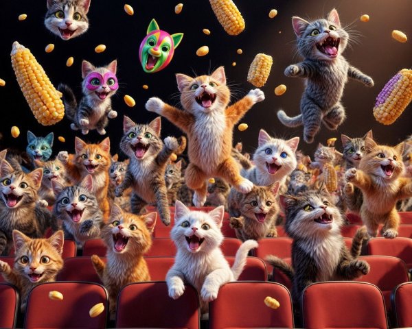 Cats Jumping in Cinema with Popcorn and Snacks
