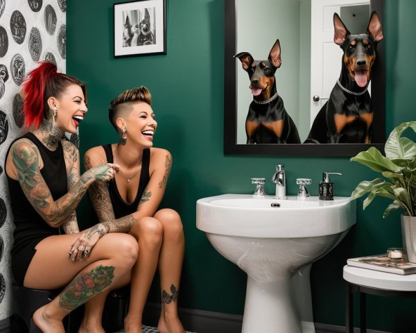 Stylish Bathroom with Friends and Doberman Dogs
