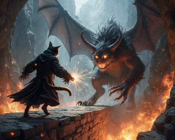 Cloaked Figure Confronts Bat-Winged Creature in Cavern