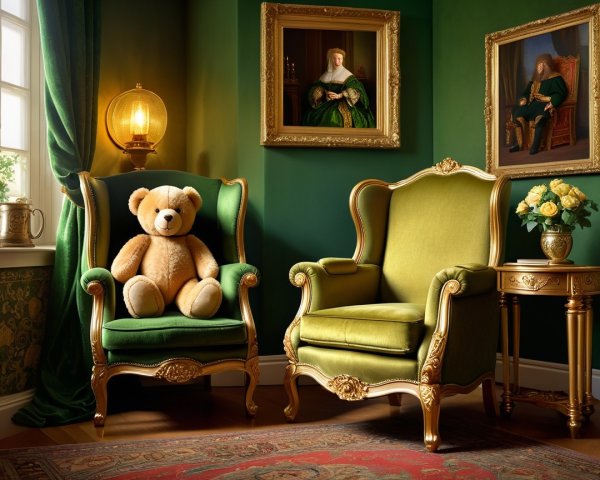Cozy living room with green armchairs and teddy bear