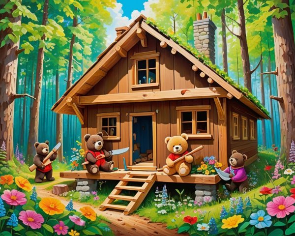 Wooden Cabin in Forest with Teddy Bears and Flowers