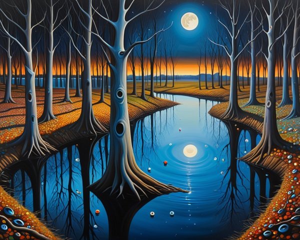 Nighttime River Scene with Moon and Autumn Leaves