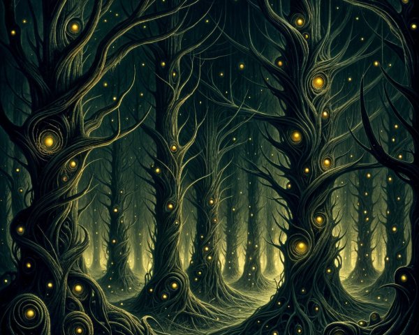 Mysterious Forest with Glowing Orbs and Misty Atmosphere