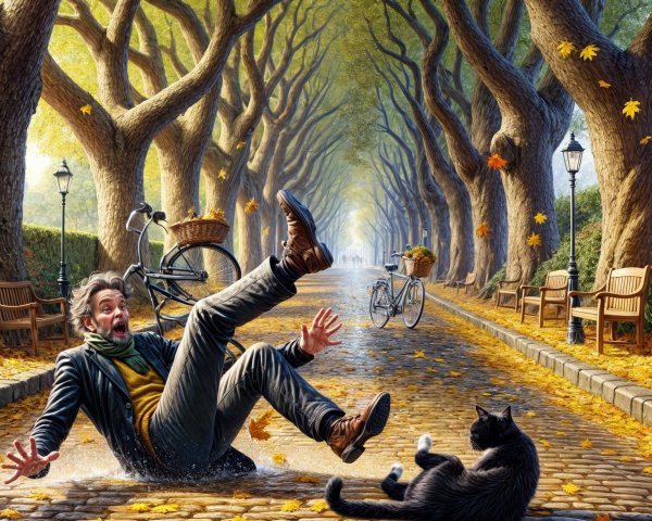 Autumn Scene with Colorful Leaves and Humor