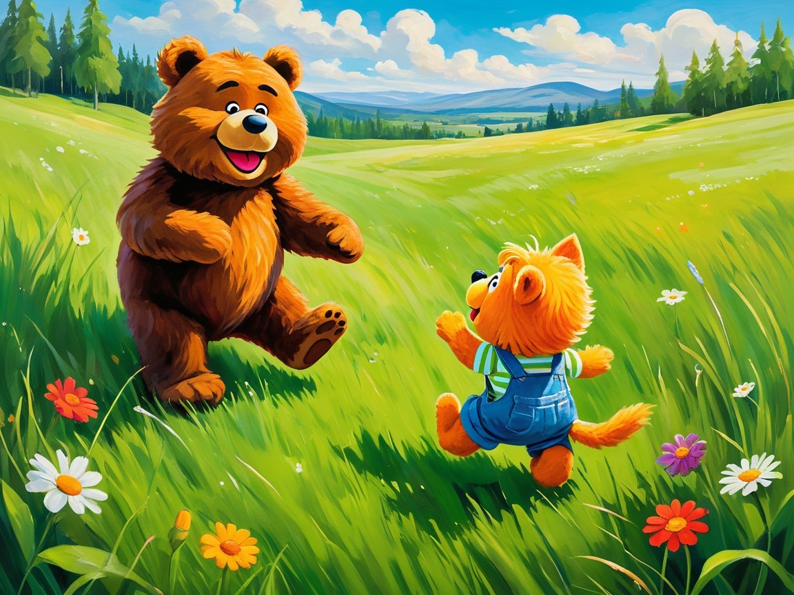 Brown Bear and Cub Dancing in a Colorful Meadow