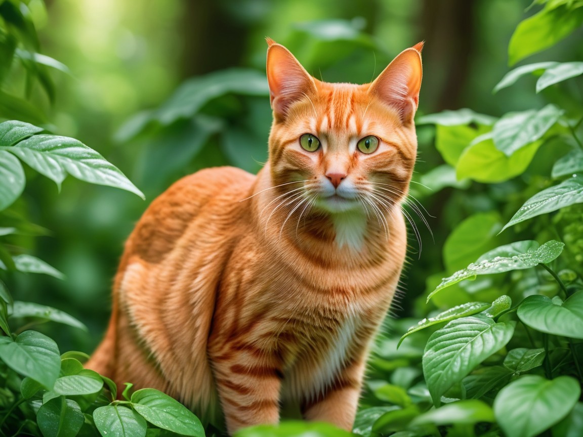 Orange Tabby Cat in Lush Green Foliage Setting