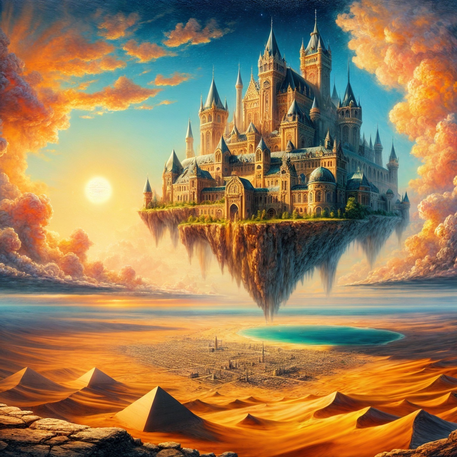 Floating Castle Above Desert with Pyramids and Clouds