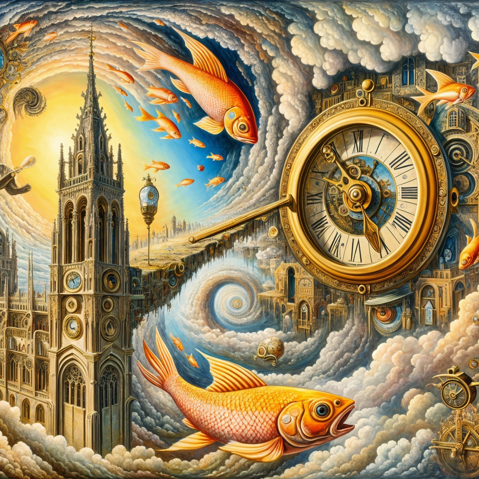 Surreal Artwork of a Grand Clock and Dreamlike Landscape