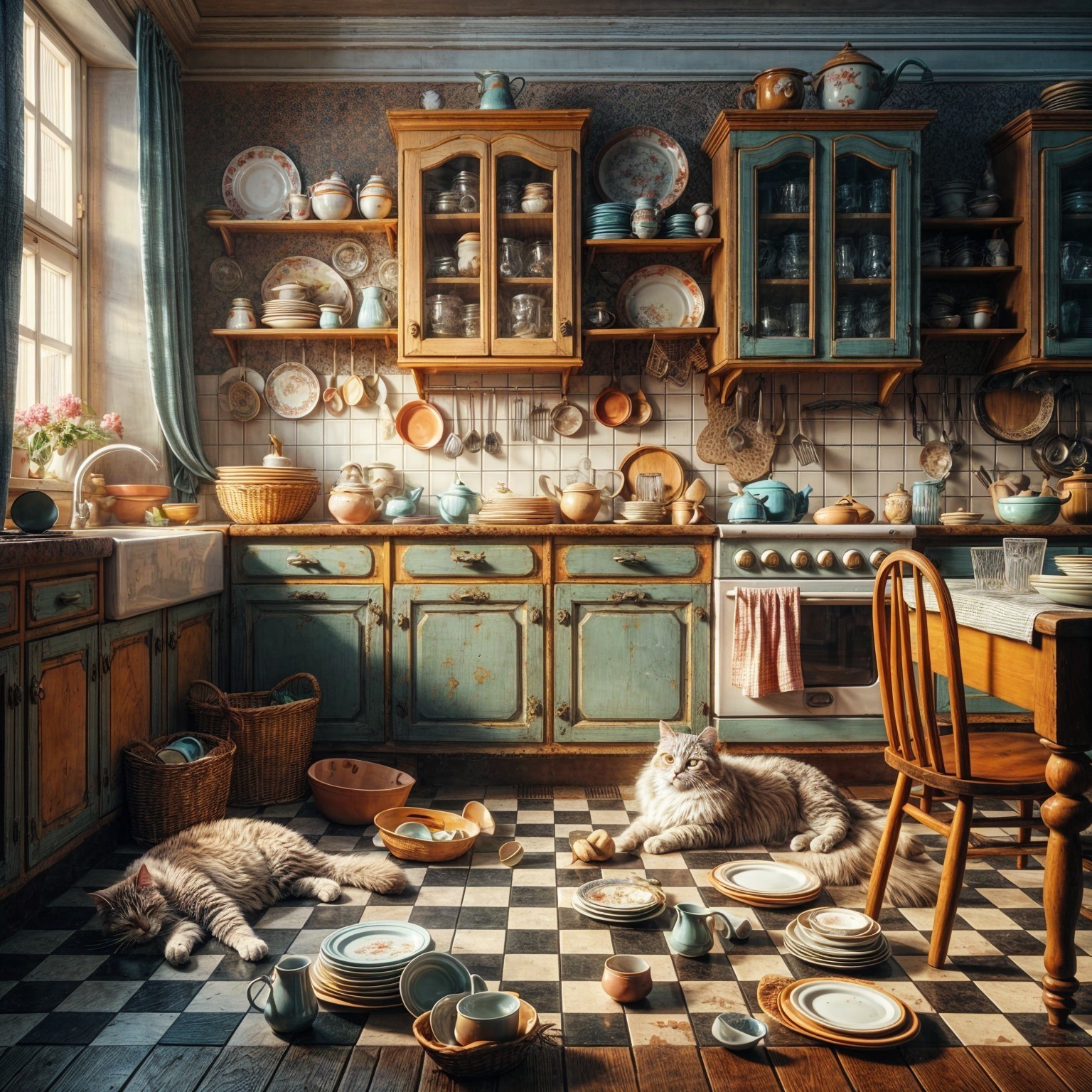 Cozy Vintage Kitchen with Rustic Features and Cats