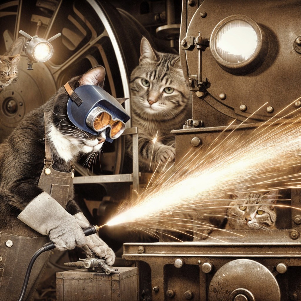 Cats Engaged in Whimsical Welding Project Scene
