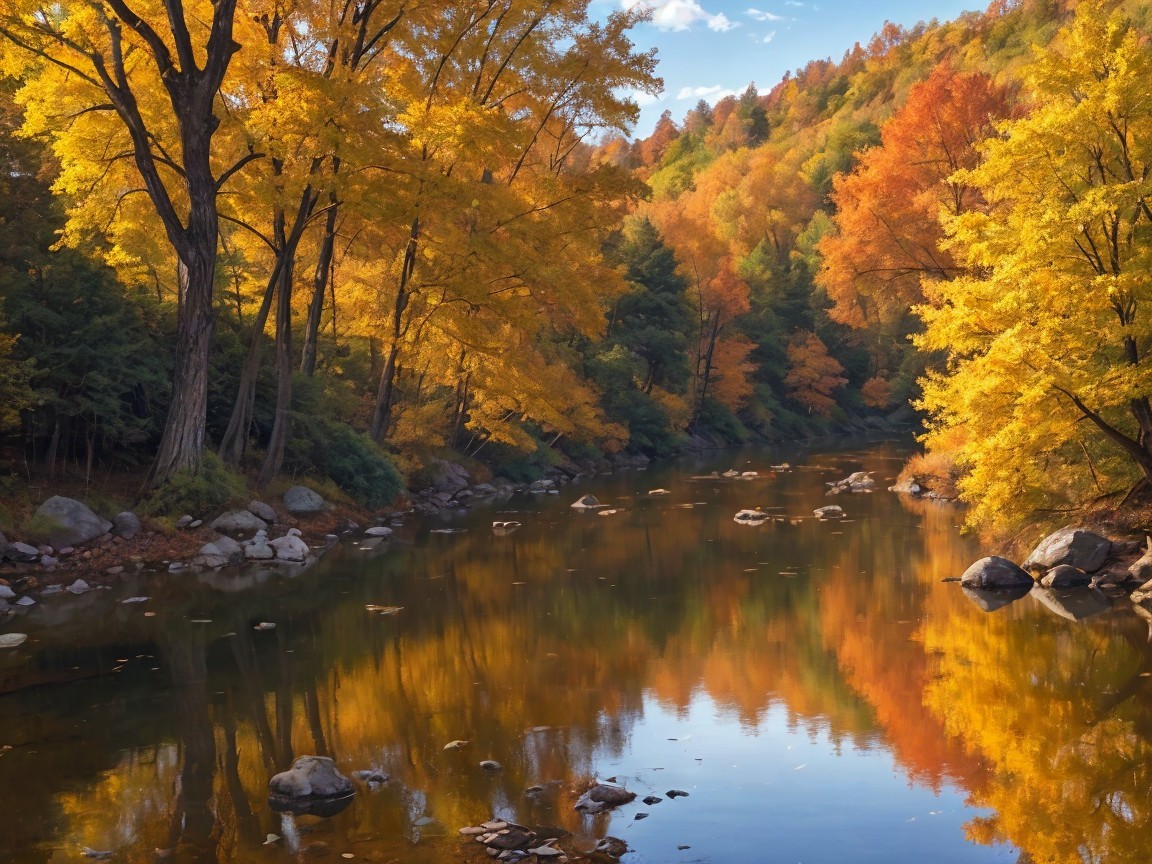 Tranquil River Through Vibrant Autumn Landscape