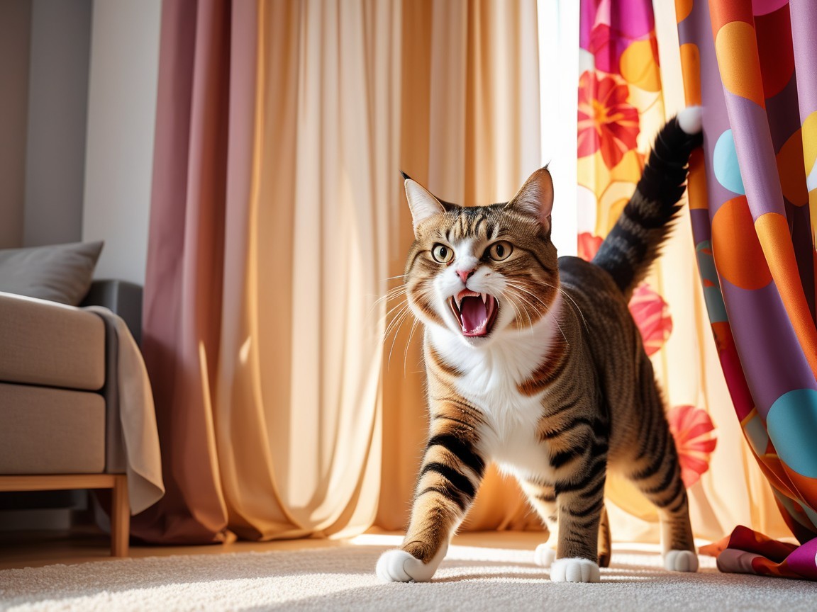 Tabby Cat in Sunlit Room with Colorful Decor