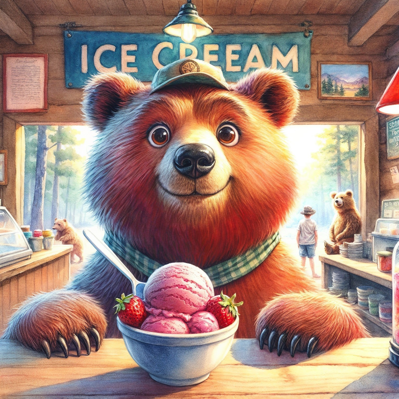 Charming Bear in Ice Cream Shop with Whimsical Atmosphere