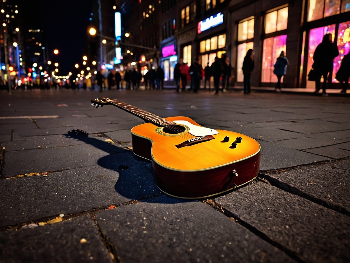 Acoustic Guitar on Cobblestone Street at Night