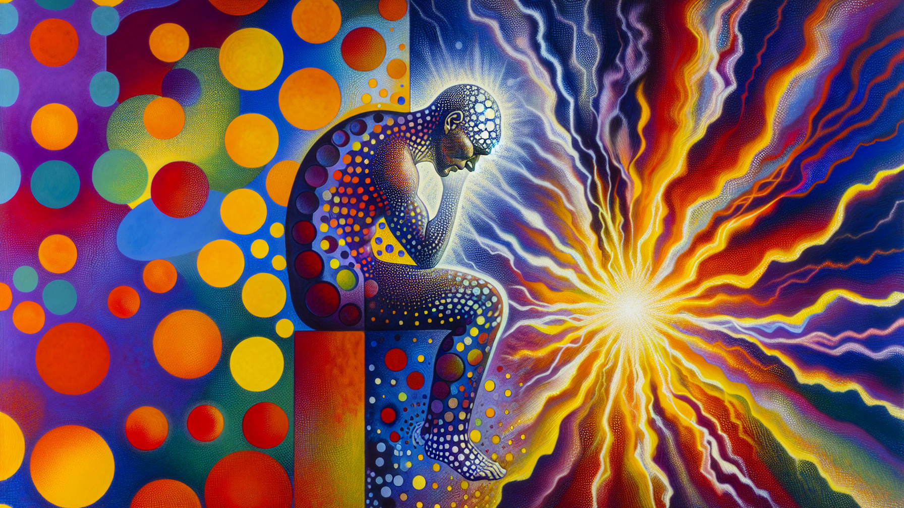 Contemplative Figure Surrounded by Vibrant Colors