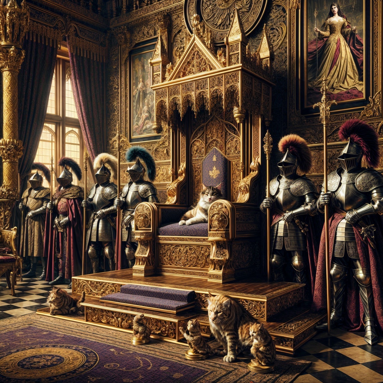 Regal Feline on Throne in Opulent Castle Hall