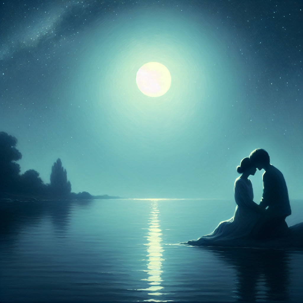 Moonlit Scene of a Couple by Tranquil Water