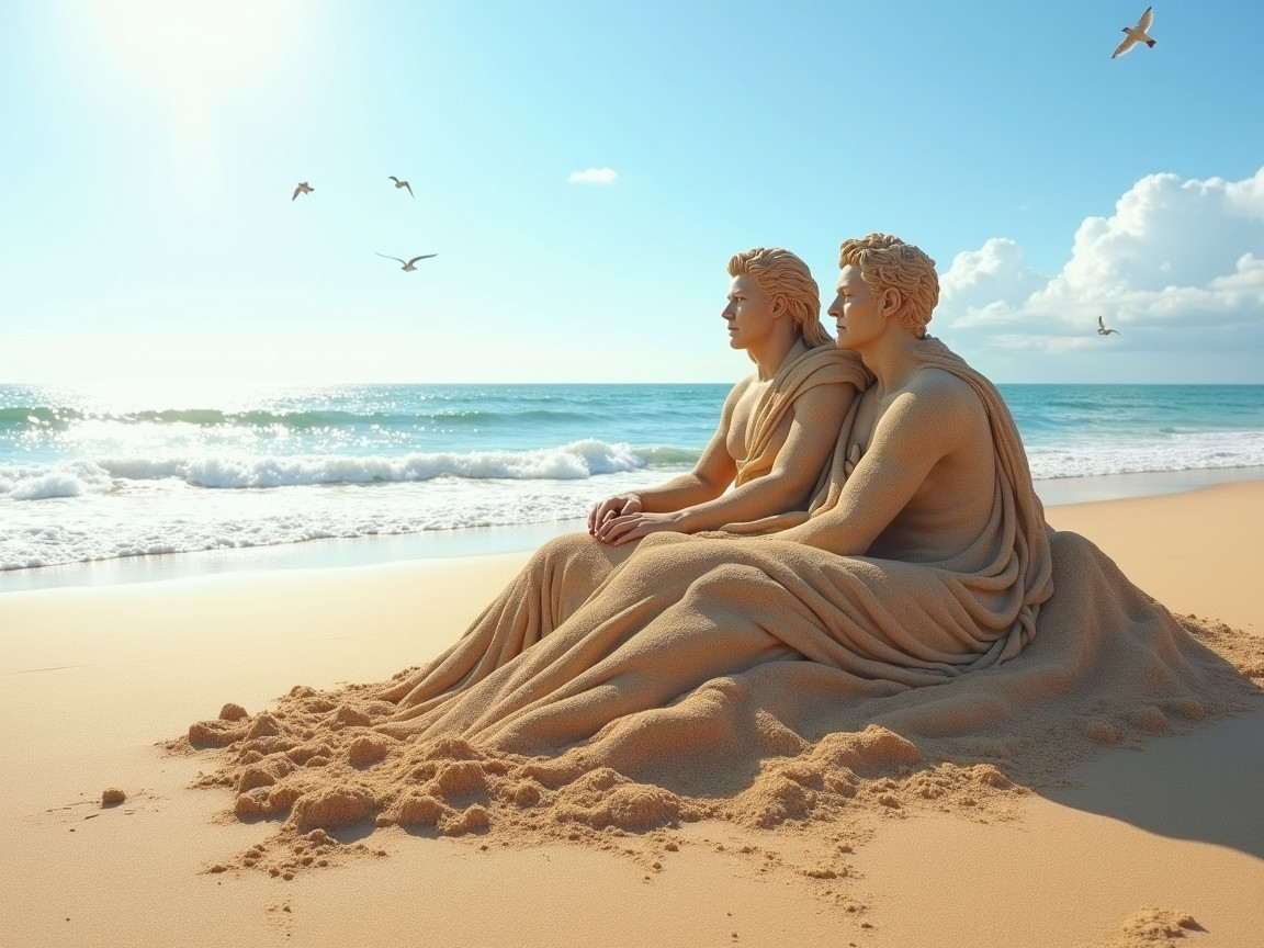 Sand Sculpture of Two Classical Figures on Beach