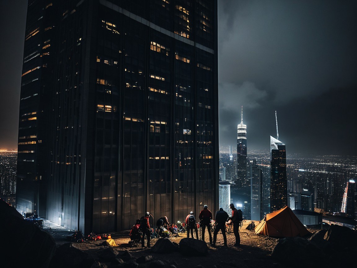 Climbers on a Rocky Ledge by a Skyscraper at Night