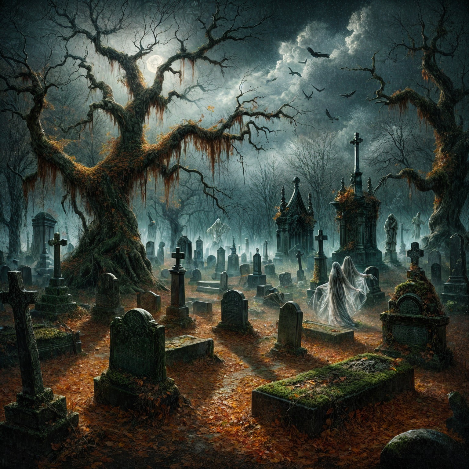 Haunted Graveyard with Twisted Trees and Spectral Figure