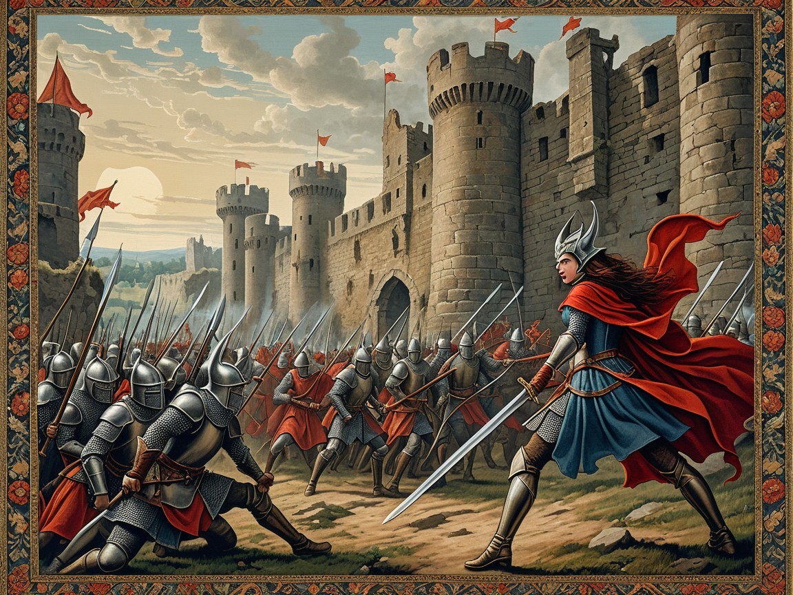 Medieval Battle Scene Outside a Grand Stone Castle